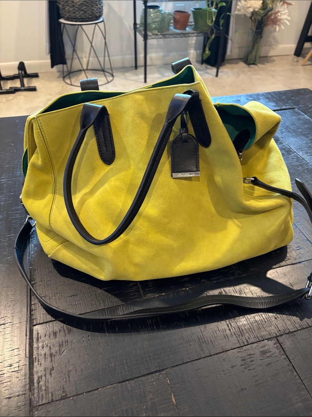Cole Haan Lime Turquoise Crosby Shopper Bag Suede Leather Trim Detachable Strap